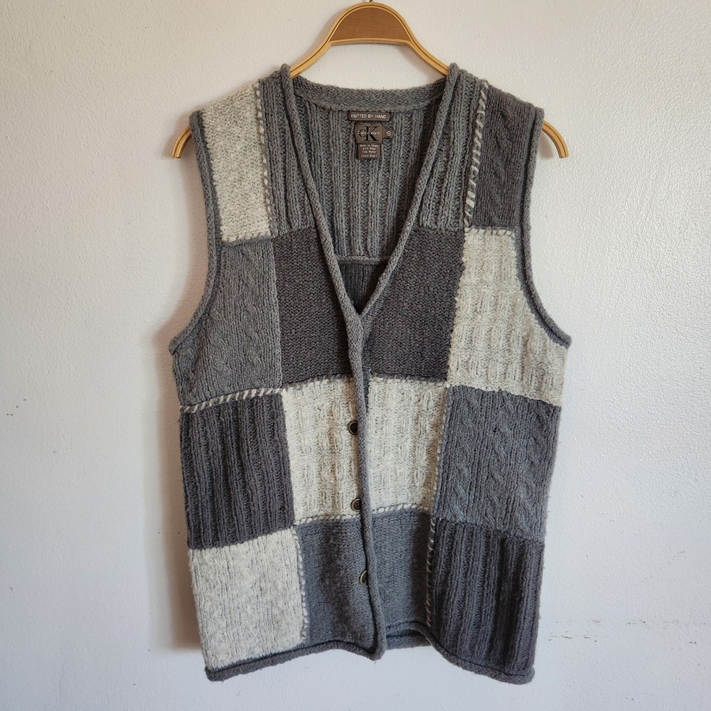 Vintage Calvin Klein Knitted by Hand Wool Blend Patchwork Button Up Vest Small
